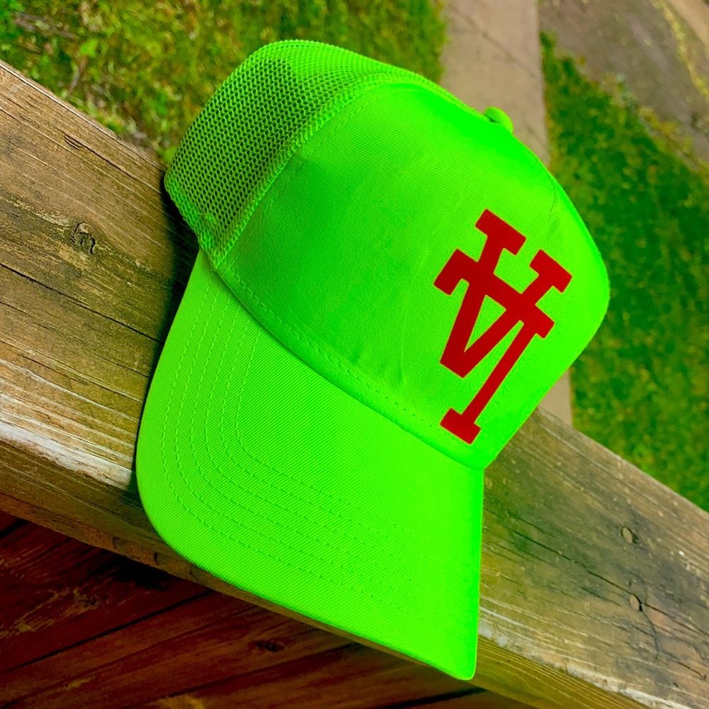 Neon Green Mesh Trucker Hat with Red Logo